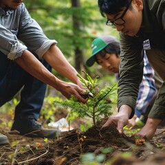 Fototapeta premium Three People Planting a Sapling in a Forest
