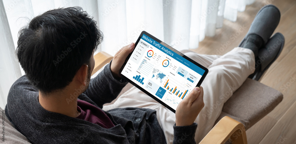 Poster computer software for website traffic analytics data on computer screen. concept of seo search engin