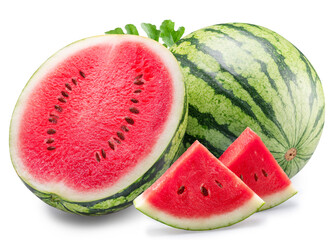Round striped watermelon and watermelon slices isolated on white background.