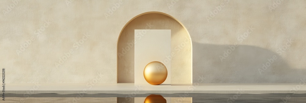Poster a simple yet elegant 3d of a golden sphere resting on a platform within an archway. the beige wall a