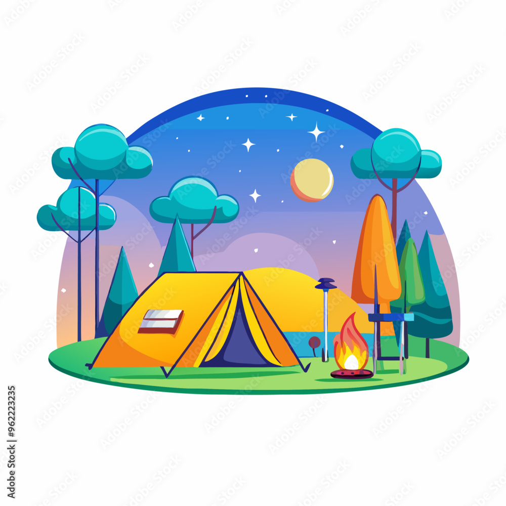 Wall mural Camping place cartoon composition with yellow tent lamp pot with dinner on fire night sky illustration (6)