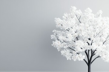 A simple, yet elegant 3D  of a white blossom tree against a grey background. This image symbolizes purity, new beginnings, and nature's beauty. The minimal design makes it versatile for various projec