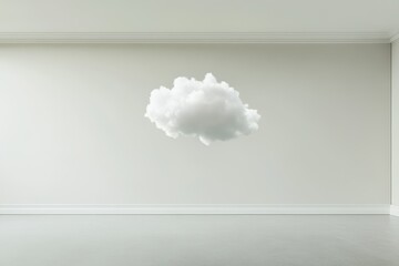 Obraz premium A single, fluffy white cloud floats in an empty room, creating a surreal and dreamlike atmosphere. The cloud represents freedom, imagination, and the potential for new beginnings. The minimalist setti