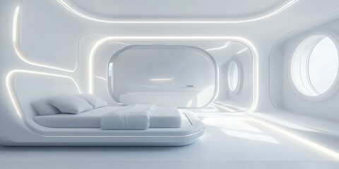 A futuristic 3D white bedroom with smooth walls, glowing floor panels, and soft lighting for a calm, serene atmosphere.