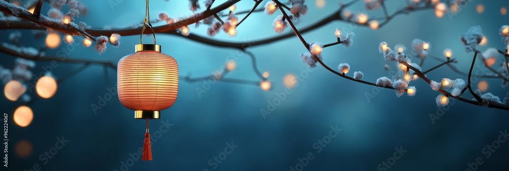 Aufkleber a single red lantern hangs delicately from a branch adorned with twinkling lights, creating a festiv
