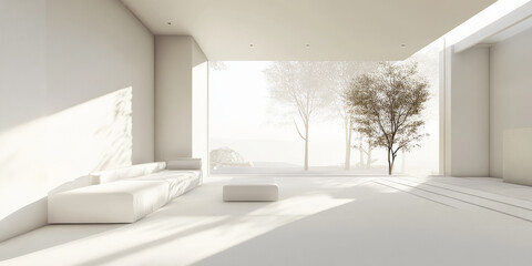 A minimalist 3D white living area with simple geometric furniture, smooth walls, and soft, natural light filtering through large windows.