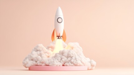 Fototapeta premium A modern rocketship launching from a pastel platform with soft clouds, symbolizing startup growth and new beginnings 3d