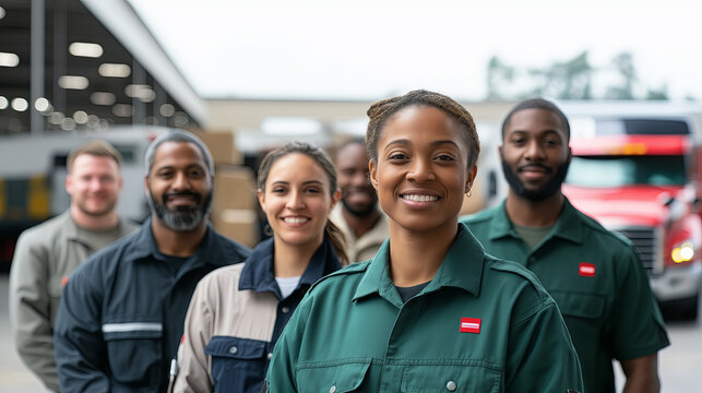 Diverse Team of Smiling Logistics Workers Outside Warehouse
