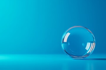 A single, transparent glass sphere sits on a light blue background. The sphere reflects the light, creating a sense of depth and dimension. It symbolizes purity, clarity, and potential.