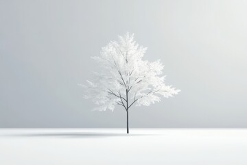 A single tree stands in a white, minimalist landscape, its branches covered in pristine snow, symbolizing resilience, beauty in simplicity, nature's embrace, winter serenity, and new beginnings.