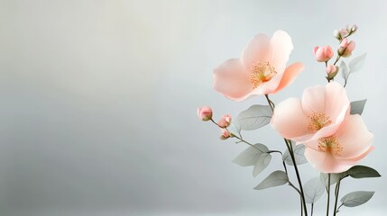 A single sprig of delicate pink flowers with soft, muted green leaves, gently blooms against a soft grey background. The subtle beauty of the flowers evokes feelings of serenity, peace, and tranquilit