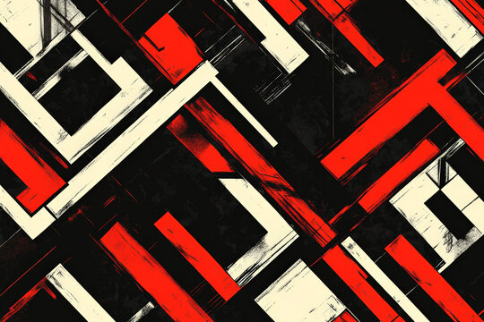 A bold black and red geometric pattern with sharp lines and dynamic rectangles, creating a striking abstract background.