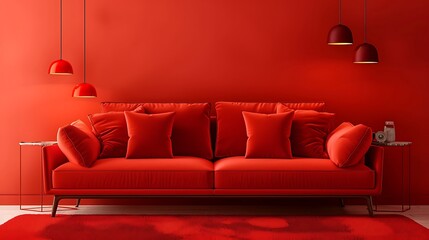 A vibrant red living room with a modern sofa against a sleek red wall, creating a bold and dynamic interior design with space for creative mockups