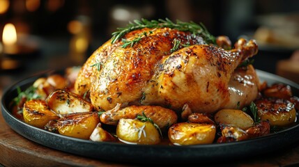 juicy whole roasted chicken with crispy skin, an appetizing choice perfect for a carnivore-themed menu display