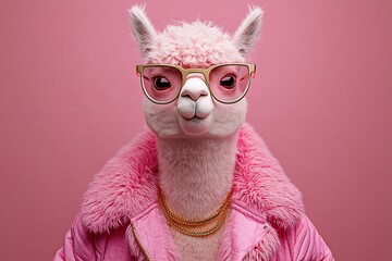 A fashionable llama dressed in pink attire with glasses poses against a vibrant pink background in a playful display