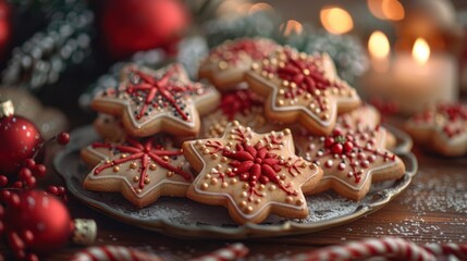 Naklejka premium Christmas many cookies on a plate with decorations around them