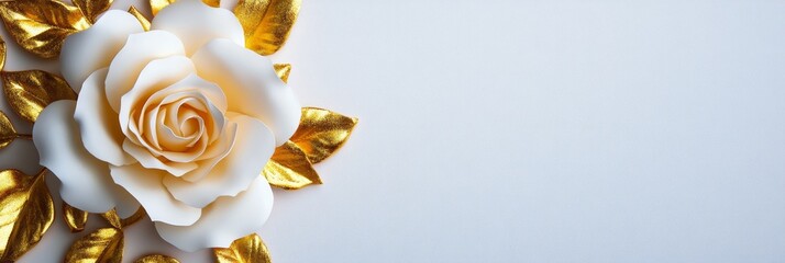 A single white rose with delicate petals sits gracefully against a light grey background. It is surrounded by gold-painted leaves, adding a touch of luxury and elegance. The composition evokes a sense