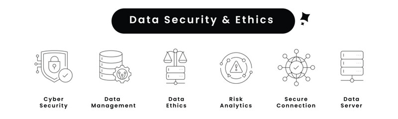 Data Security & Ethics. Icons included: Data Ethics, Cyber Security, Secure Connection, Risk Analytics, Server, Data Management, Data Analysis, Network.