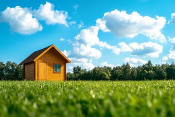A small wooden playhouse with a single window sits in a vast green field, with a backdrop of a bright blue sky and fluffy clouds. The scene evokes feelings of childhood wonder, joy, and the freedom of