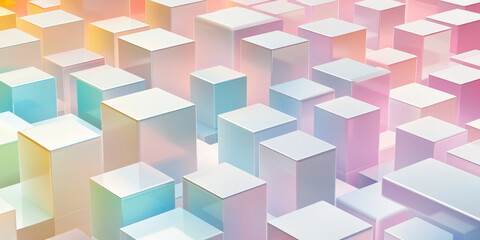 A geometric pattern of multi-colored cubes in pastel tones, carefully placed on a smooth, white surface, with subtle reflections adding depth.
