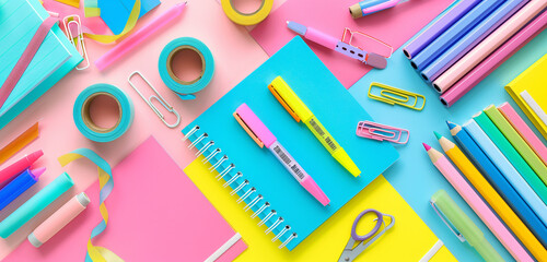 An overhead view of colorful stationery supplies including washi tapes, sticky notes, and highlighters.