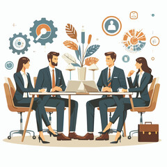 Partners meeting for business discussion with documents and laptop on desk. Couple at round table, speaking, discussing work, partnership. Flat vector illustration isolated on white background