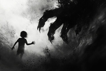 Obraz premium A nightmare of falling through a dark void, with shadowy hands reaching out from the abyss, trying to pull the child deeper.