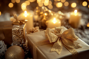 A luxurious Christmas background with gold-wrapped gifts, velvet bows, and soft candlelight glowing in the background.