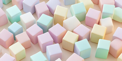 A chaotic mix of pastel-colored cubes, spread unevenly across a light beige surface, with soft light illuminating their smooth surfaces.