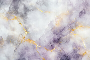 A soft, cloudy marble texture with subtle lavender and gray tones, with delicate gold veins.