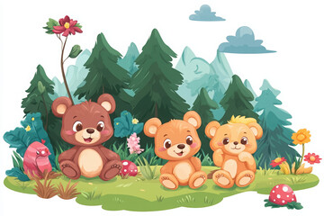 Fototapeta premium bear bears animals wildlife cartoon forest children cute nature colorful illustration playful happy playful bears forest scene cartoon animals family of bears