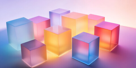 Multi-colored cubes in soft tones arranged geometrically on a white surface, with subtle gradients of light and shadows creating depth.