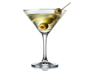 A Dirty Martini in a classic martini glass. The pale olive green liquid is slightly cloudy from olive brine. Garnished with green olives on a cocktail pick. Served chilled, near the rim of the glass
