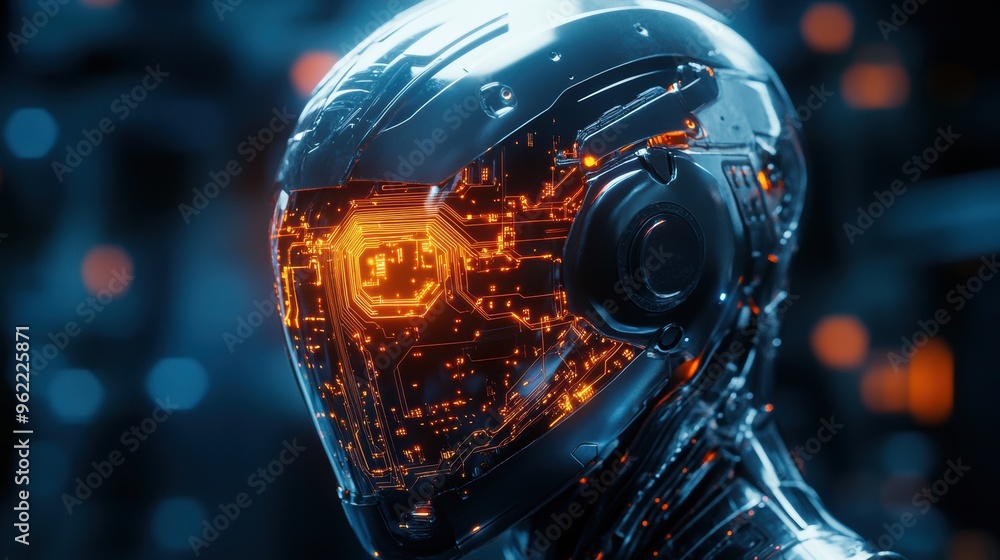 Poster a high-tech helmet with illuminated circuits and wires, symbolizing neurotechnology advancements and