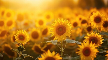 Obraz premium A field of sunflowers bathed in golden light. Perfect for showcasing growth, happiness, and summer.