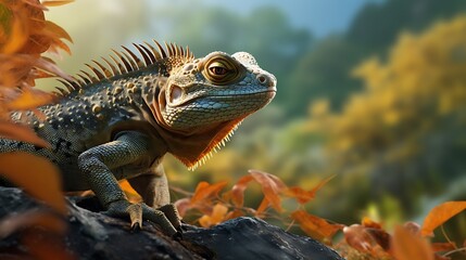 Fototapeta premium An enchanting view of a reptile in its habitat, emphasizing the natural textures and colors in high-definition