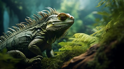 An enchanting view of a reptile in its habitat, emphasizing the natural textures and colors in high-definition