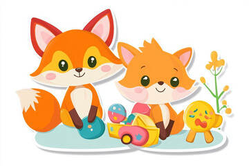 Obraz premium cute fox animals balloons party stickers illustration cartoon colorful joyful playful happy children\'s art whimsical decorations birthday nursery decor baby shower 