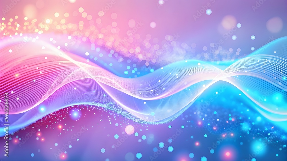 Poster particle stream. blue, purple background with many glowing particles. information technology backgro
