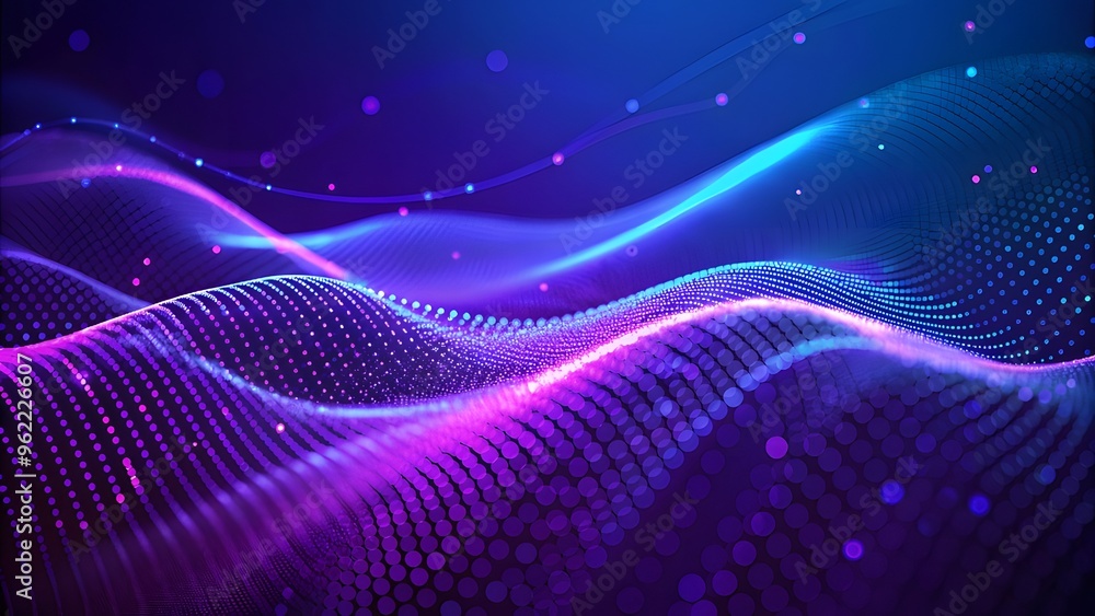 Poster particle stream. blue, purple background with many glowing particles. information technology backgro