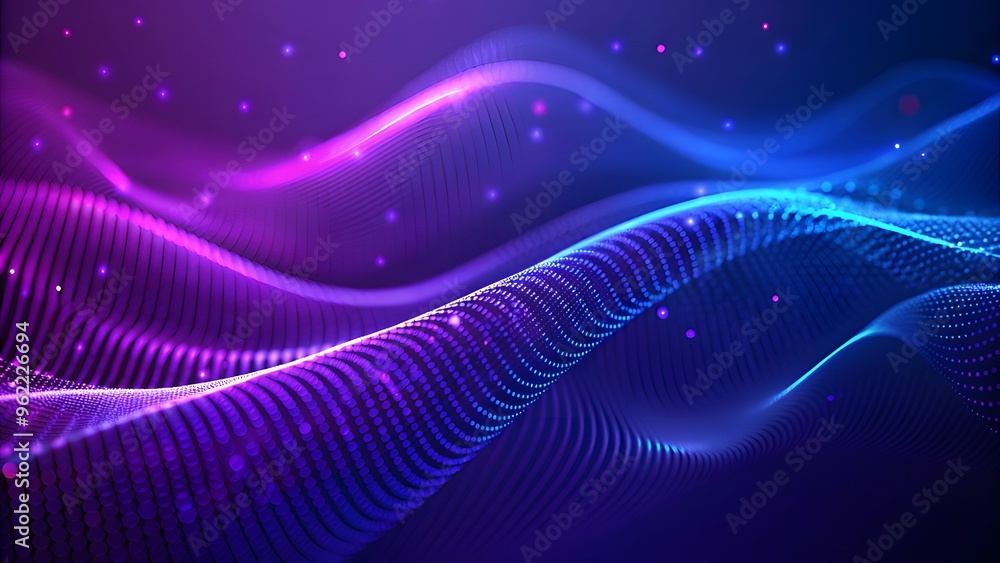 Poster particle stream. blue, purple background with many glowing particles. information technology backgro