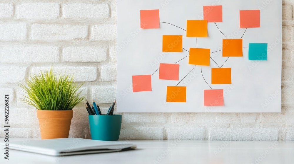 Poster a visual representation of a business plan flowchart using colorful sticky notes on a whiteboard in 