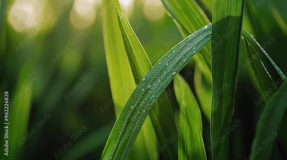 Poster   A clearer shot of a green plant with water droplets on its leaves and a sharp focus on the grass in the background