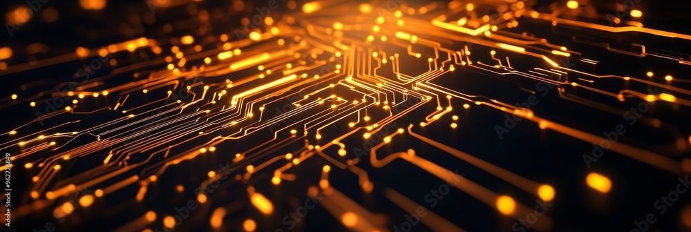Poster a visually striking image of a golden circuit board, showcasing the intricate pathways of modern tec