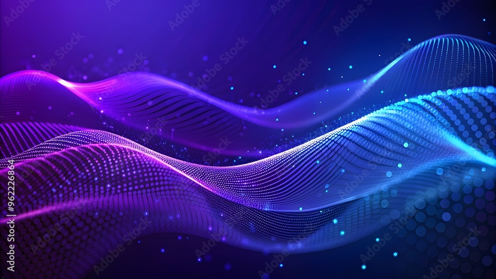 Poster particle stream. blue, purple background with many glowing particles. information technology backgro