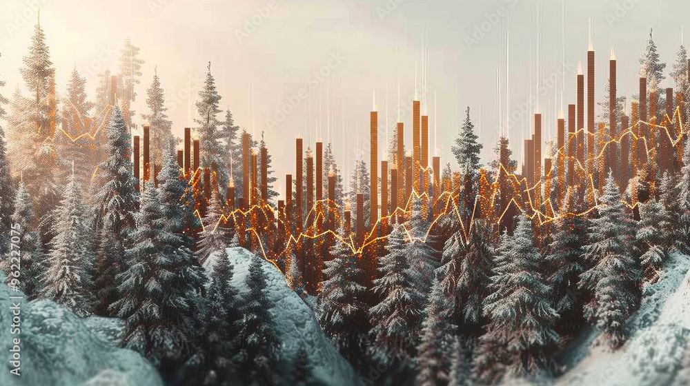 Poster an artistic representation of a forest landscape overlaid with a bar graph, blending natural element