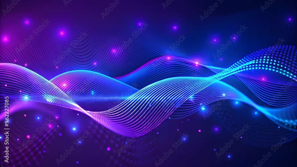 Poster particle stream. blue, purple background with many glowing particles. information technology backgro