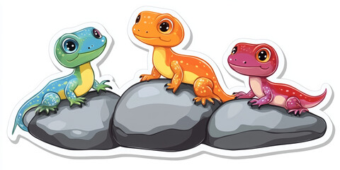 Obraz premium lizards reptiles colorful lizards cartoon reptiles cute lizards rock background vibrant colors playful animals animal illustrations bright lizard trio friendly reptiles