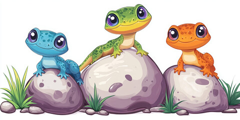 Obraz premium lizards geckos colorful reptiles cartoon animals cute creatures rocks animal illustration playful lizards green lizard orange lizard pink lizard vibrant colors 
