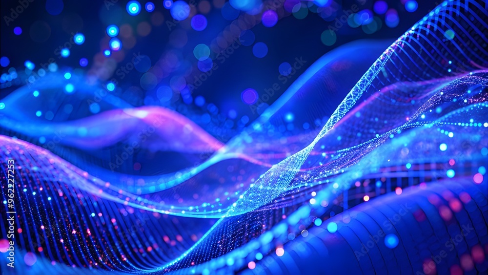 Poster particle stream. blue, purple background with many glowing particles. information technology backgro